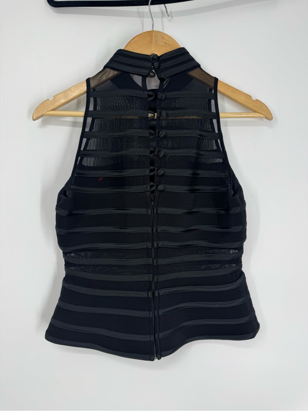 Vintage Cache Black Sheer Striped Mesh High Neck Peplum Top Blouse Size 6 - Picture 7 of 8